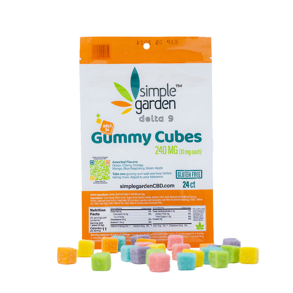 Packaging of Simple Garden Delta 9 CBD Gummies with various colorful gummy candies displayed in front. The package indicates 240mg of Delta 9 CBD and available flavors.