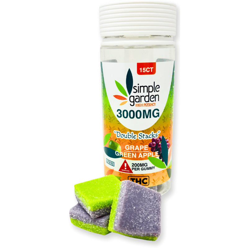 3000mg Double-Stacked Gummies – Delta-9 + Delta-8 + THCp (200mg each) Grape+Green Apple