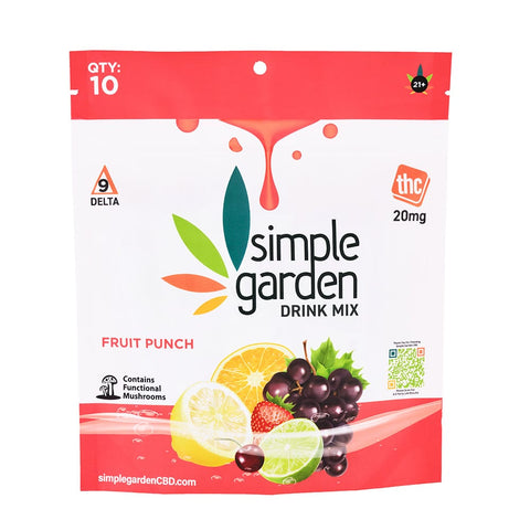 A 10-pack of Delta 9 individually packaged fruit punch drink mixes featuring colorful branding and flavor labels, neatly arranged in a bag with a vibrant design