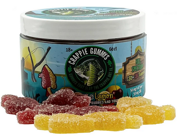 50mg CBD gummies in a 60 count container with the manufacturer's label. Cherry and lemon flavored gummies.